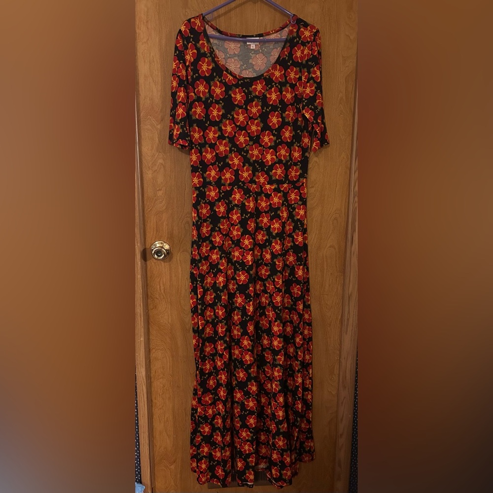 LuLaRoe Black Maxi Dress with Vibrant Red Floral Design